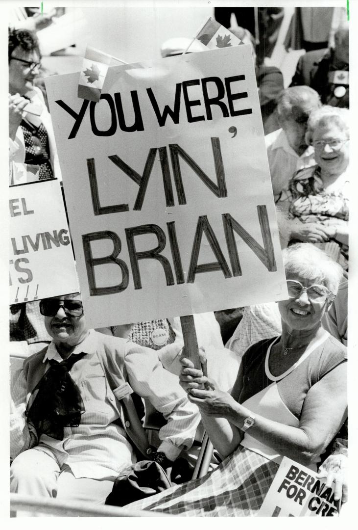 Angry senior citizens rally in Nathan Phillips Square, June 25 against Mulroney's proposals to de-index pensions