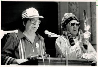 Protest and prayer: Elder Fred Plain, left, flanked by another Temagami Indian elder, leads prayer at Queen's Park rally in June against provincial plans to extend logging road