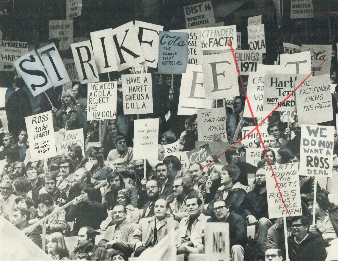 Eight thousand of Metro's secondary school teachers met in Maple Leaf Gardens last week to denounce Metro school board's final offer. One teacher, in (...)