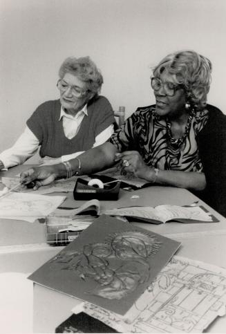 Bottom right, Winnie Paddore, 74, teaches copper tooling to Joan Ansell