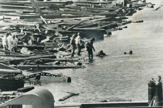 U.S. Navy Frogmen search for victims of the Collingwood ship launching mishap. The men are from the destroyers escort Parle which was in the area for (...)