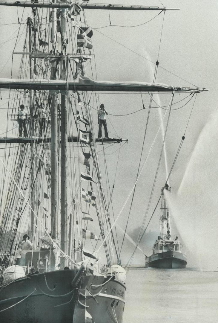 New ship of old style, A 60-foot brigantine, the Playfair, is commissioned at York Quay of Harborfront yesterday with flags flying. The ship, a studen(...)