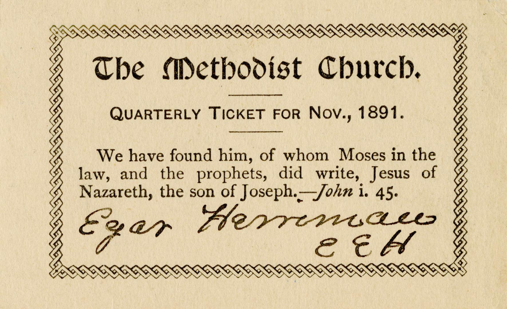 Methodist Church Quarterly Ticket For Nov