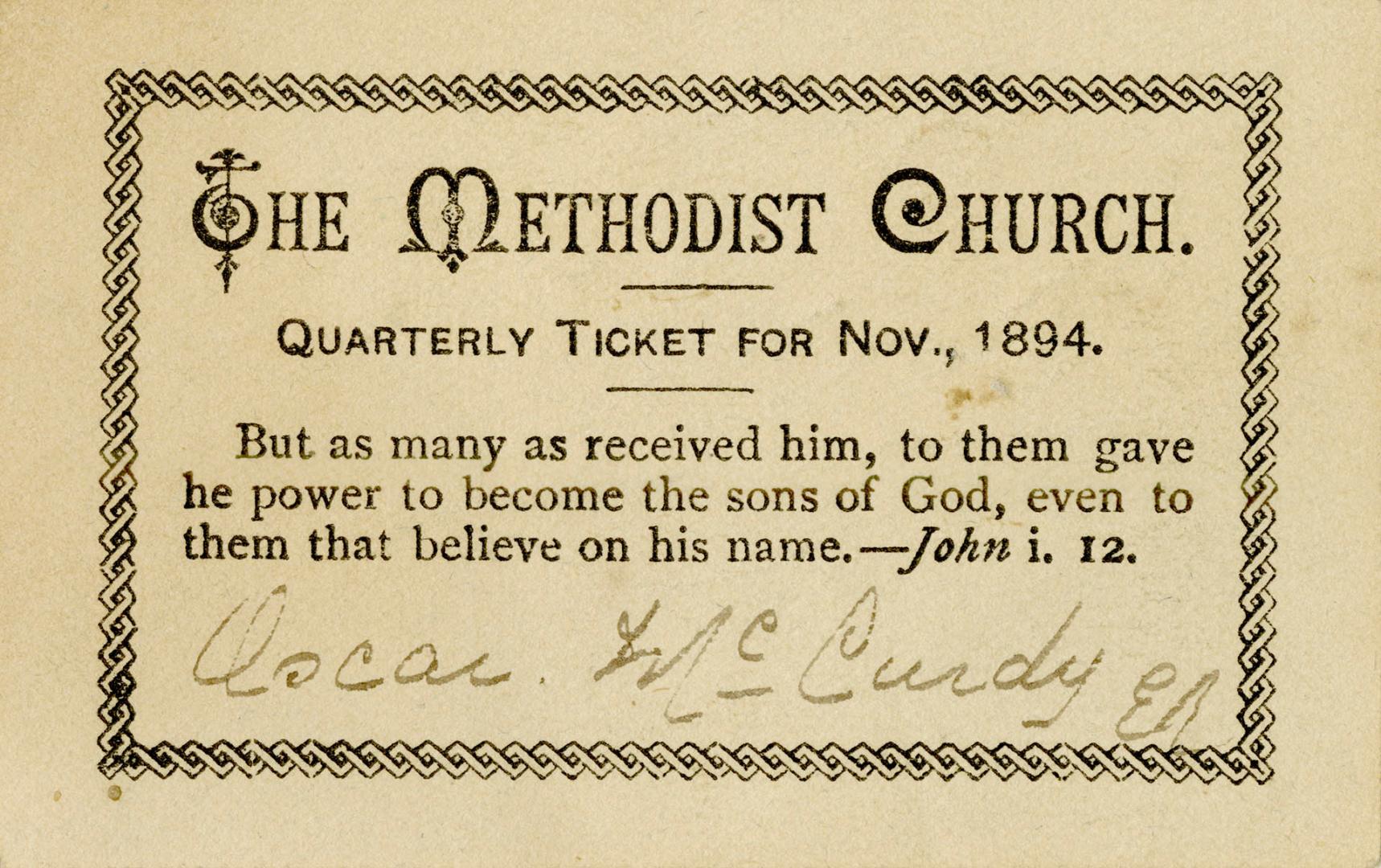 Methodist Church Quarterly Ticket For Nov