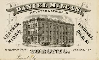 Illustration of the grand exterior of the Daniel McLean building with several horses and buggie…