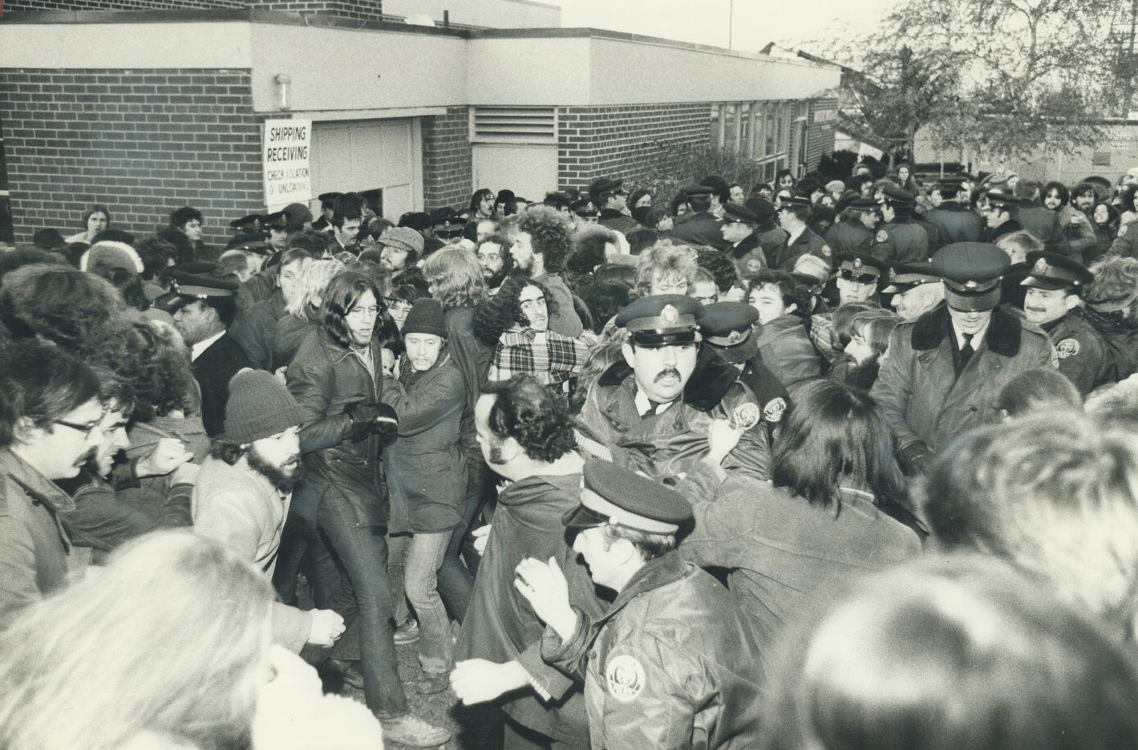 Police And Pickets scuffle outside Artistic Woodwork Co