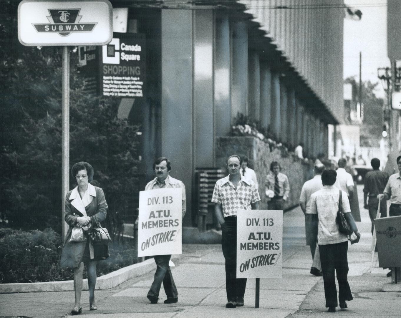 The strike is on. These pickets took up early duty today at Toronto Transit Commission offices at Yonge St. and Eglinton Ave. The 5,700 members of the(...)