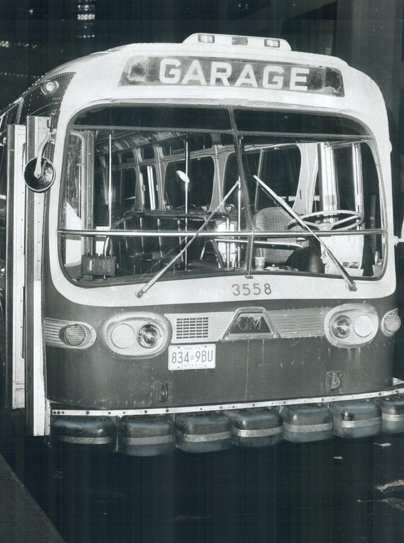 After its last run, one of the TTC's 1,235 diesel buses is parked in company garage for duration of transit strike