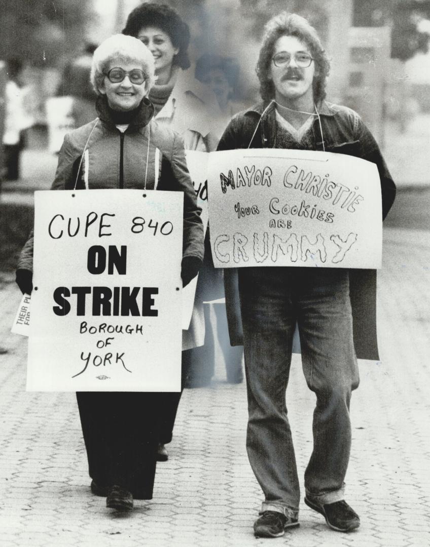 They're out: Civic workers in York borough, members of two locals of the Canadian Union of Public Employees, walked off the job today in a strike over fringe benefits