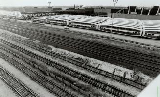 Go Transit trains rail yard at Judson St