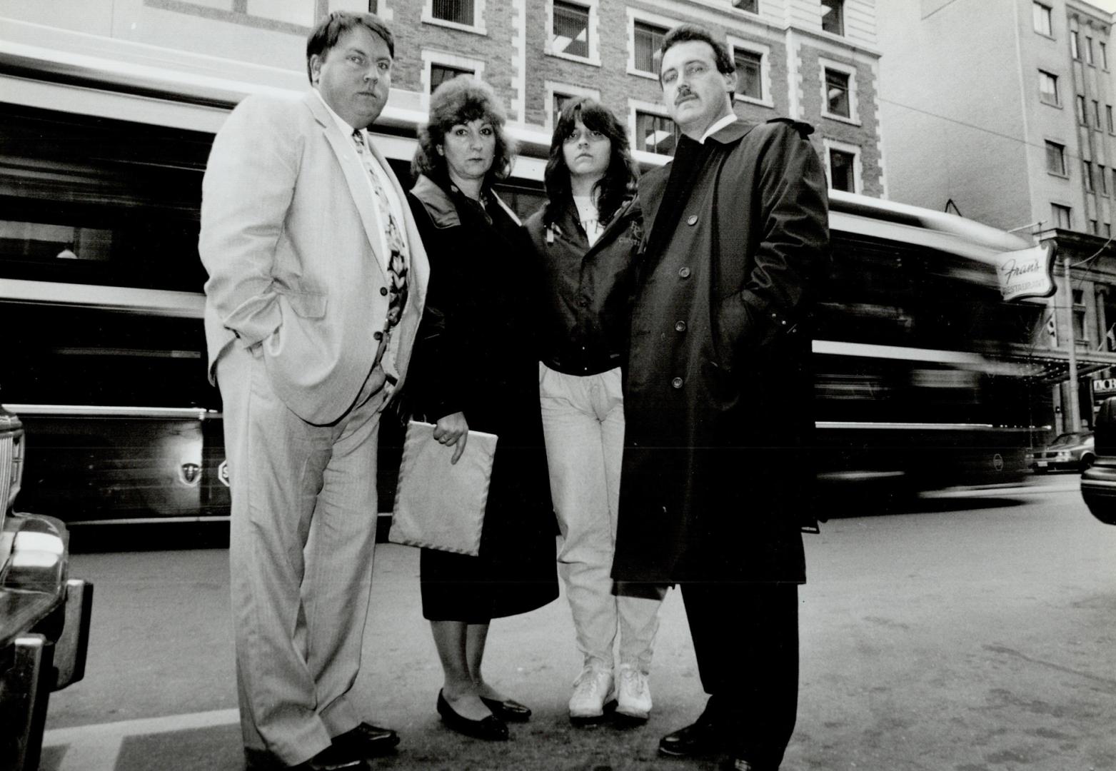 On street: Andy Hughes, left, Sharon Talbot, Kristine Sekulich and Lionel Walsh, four of 72 fired TTC workers, meet at downtown restaurant to discuss their future options