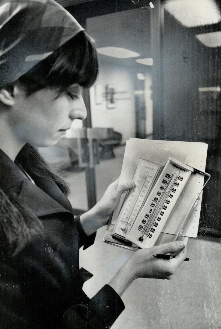 Star Staff Writer, Mary Janigan checks her thermometers in City Hall yesterday and finds the temperature well above the 68 to 70 degrees called for in(...)