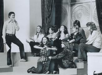 Paul Jenkins, stage manager of the 90-minute Miss Canada TV special, rehearses some of contestants for Monday night's live broadcast. The show has the(...)