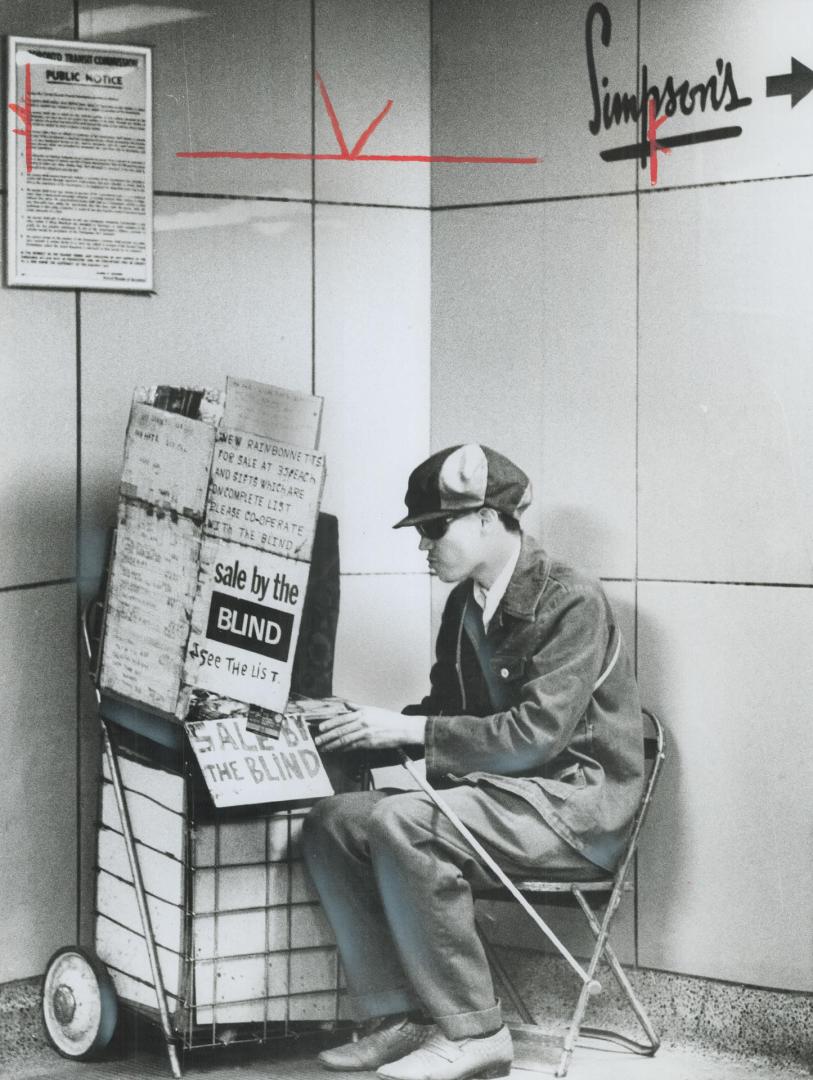 Blind since birth, Harold Verge has been selling pencils and pens for the past 10 years at this spot in the Queen St