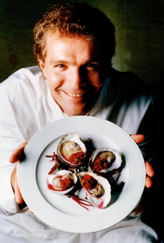 Mark McEwan with his dish of Raw Oysters with sweet beet and Coriander Salsa