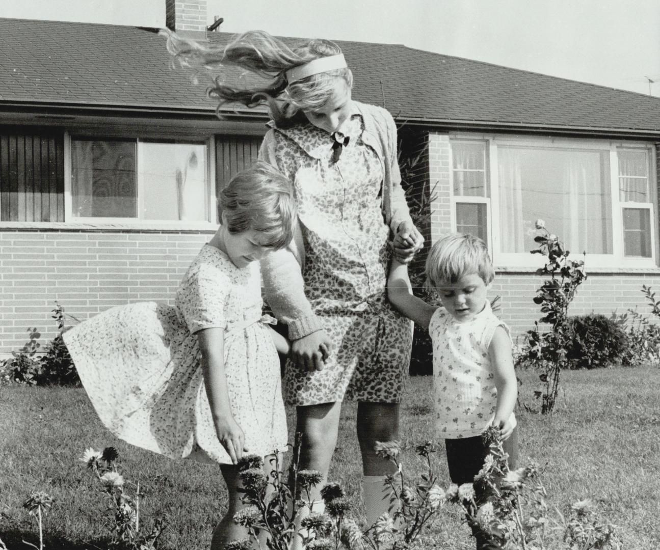 Happily Unaware of the tensions surrounding them, sisters Peggy, 5, left and Valerie, 3, played outdoors with Aileen Timbrell, 13, yesterday while Mrs(...)