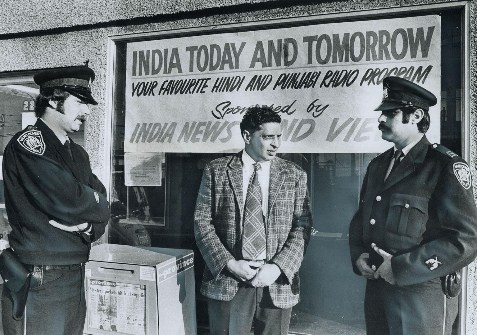 Complaints of racial violence are passed on by broadcaster Malkit Parhar, centre, to Vancouver policemen Max Chalmers and Punjabi-speaking Dave Randhawa, who patrol an immigrant district