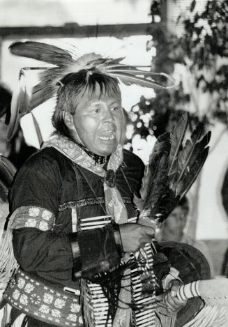 Powwow powerhouse, Sherman Butler of Peterborough demonstrates a dance yesterday to promote the Canadian National Exhibition's first International powwow, Aug. 28-30