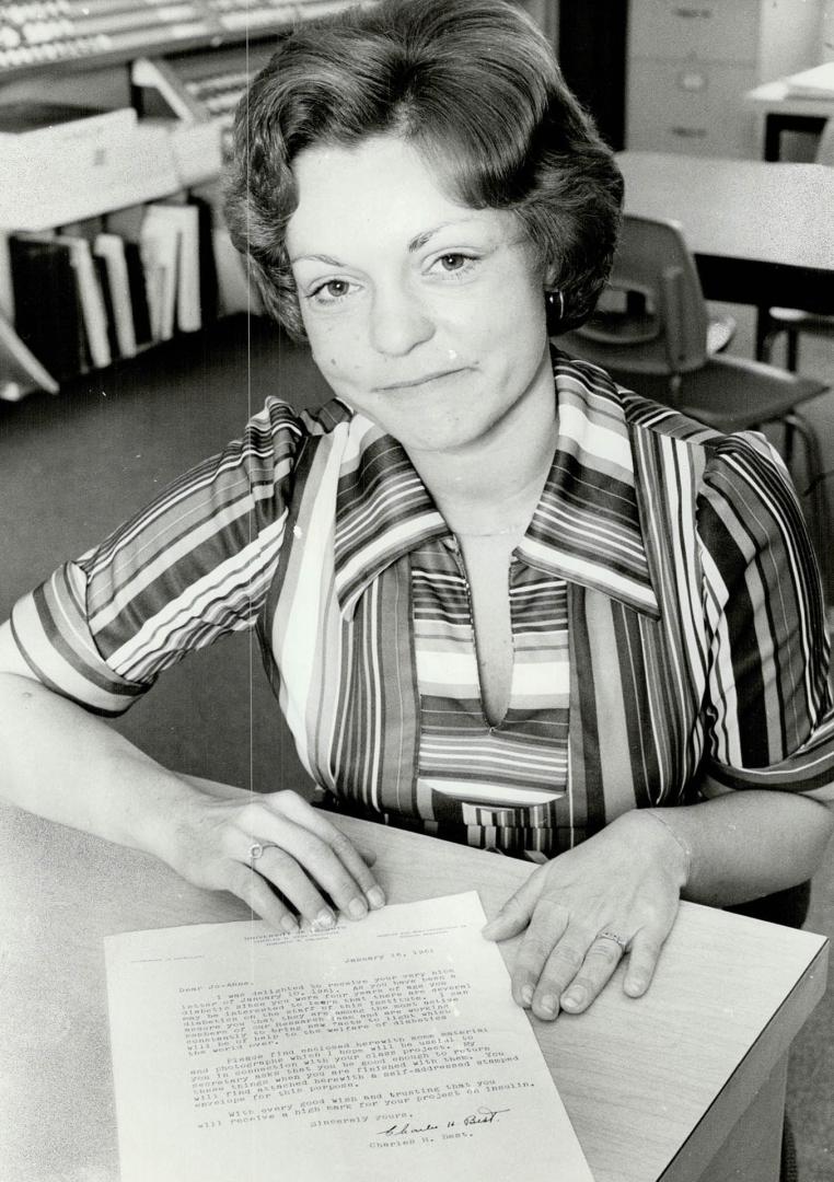 Diabetic Jo-Anne Stolarchuk, above, shows letter received from insulin co-discoverer Dr. Charles Best