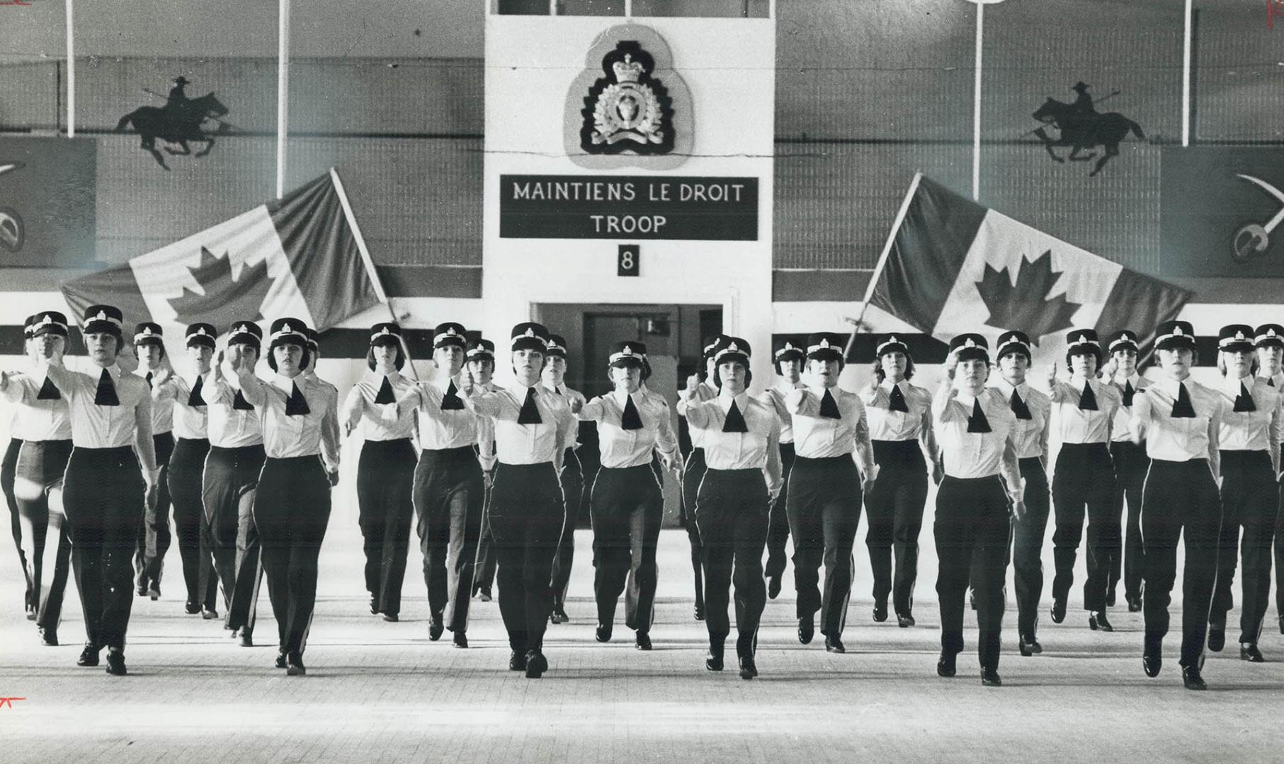 The RCMP's first female recruits practise a drill at the force's Regina training centre