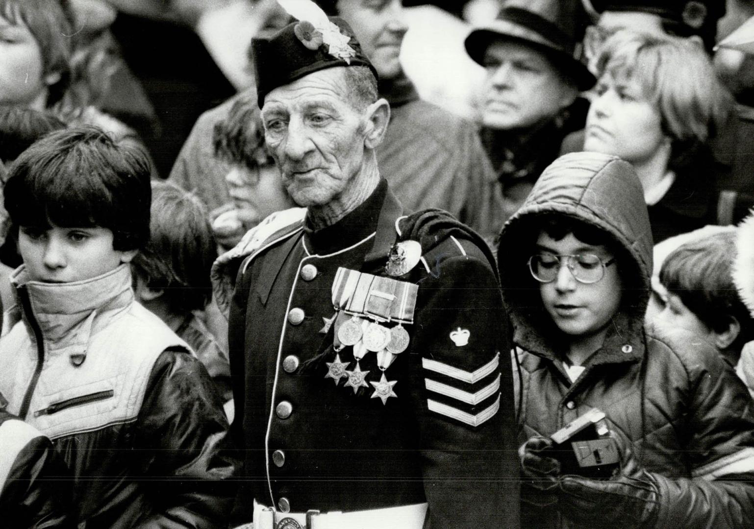 World War II Veteran John Mitchell, in his dress uniform of the Black Watch Regiment, pays tribute to his fallen comrades as he joins in Remembrance D(...)