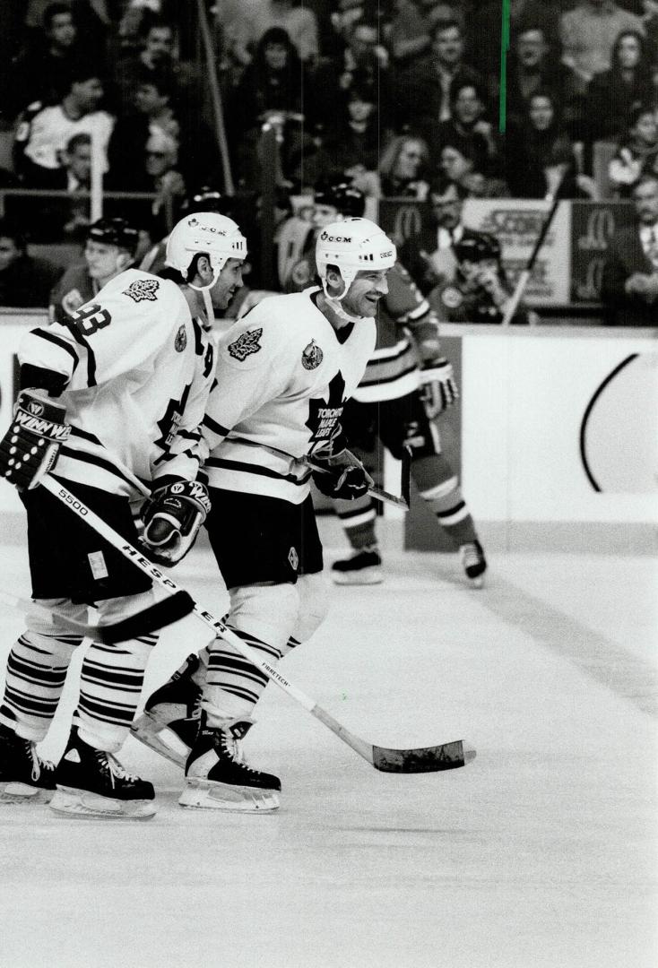 Andy's Dandy: Glenn Anderson, right, and Doug Gilmour are all smiles in Toronto's 5-1 laugher over the Sharks last night thanks to Anderson's five-point effort