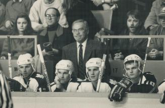 No relief in sight: Leaf goalie Ken Wregget doesn't like what he sees of Brent Sutter's second period blast, coach George Armstrong and the troops have little to smile about