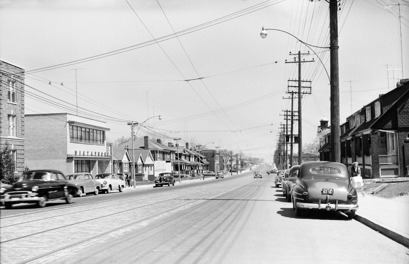 Eglinton Avenue East, looking east from east of Redpath Avenue, Toronto, Ontario. Image shows a…