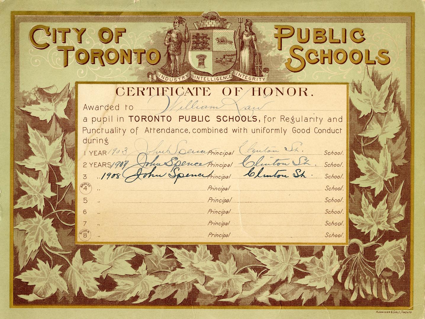 City of Toronto Public Schools Certificate of Honor