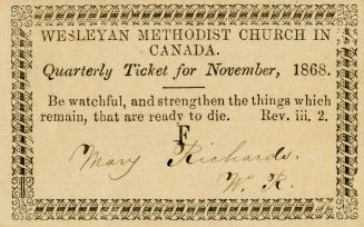 Wesleyan Methodist Church in Canada Quarterly Ticket for November, 1868