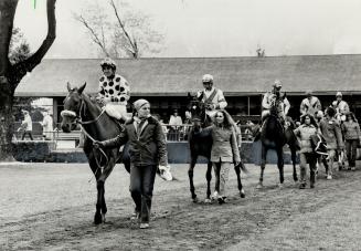 Well-bundled-up grooms lead horses and jockeys from the paddock for the sixth race