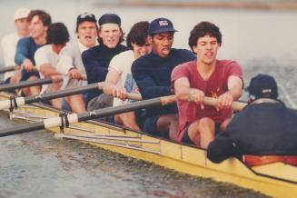 The Upper Canada crew, preparing to defend its title, consists of, right to left, coxswain Jeff Myers, stroke Matt Osler, Richard Otoo, Jonathan Kawaj(...)