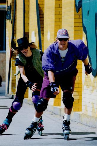 3. McCartney cruises with actress Nancy Cser in vintage vest and hat. Leggings and belt, Accessity, skates, TRS