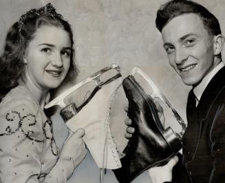 Winging her way to Switzerland for a try at Olympic skating titles is Toronto's pretty Suzanne Morrow, seen here with her partner, Wally Diestelmeyer (...)