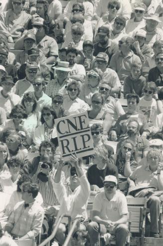 Sign-hoisters' day: Many of the 46,120 fans at the last Blue Jays game at Exhibition Stadium (officials hope) had their own way of saying goodbye, including this one