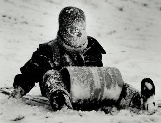 Snowy fall: Tyler Stokes, 7, takes a tumble and gets his balaciava-clad face full of the white stuff after yesterday's snow made for good sliding at Riverdale Park