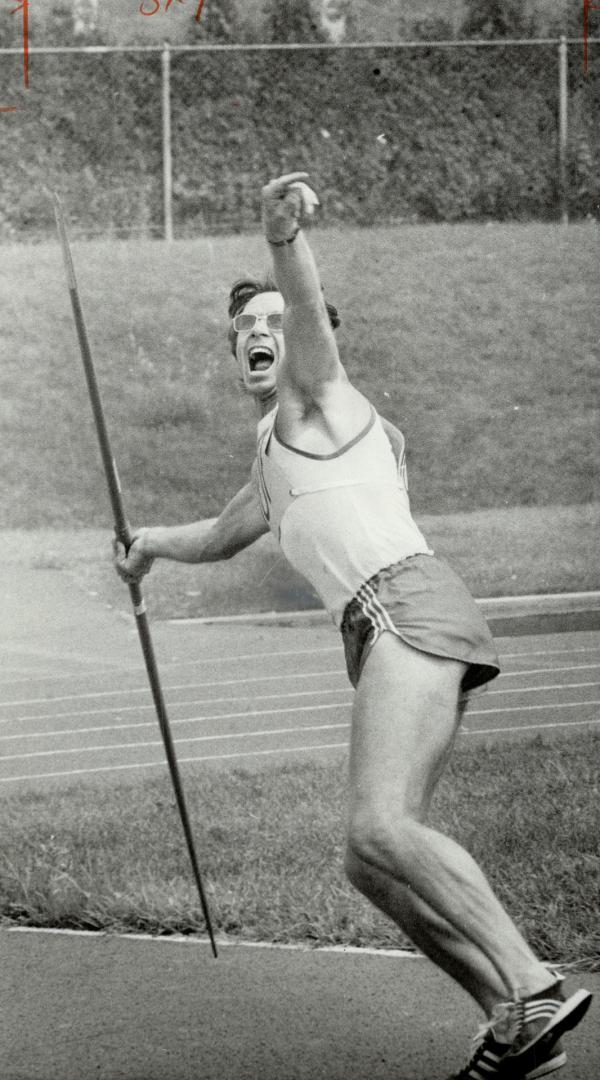 Karl Merschanz tosses the javelin in masters' pentathlon