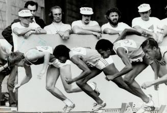 The start of the womens 100m L-L-R Gohr-GDR, Ashford-USA Taylor-Canada, and Nsenu of Africa