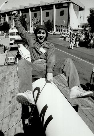 Chris Snell riding Missile in promo of new book at the book seller show at the cne