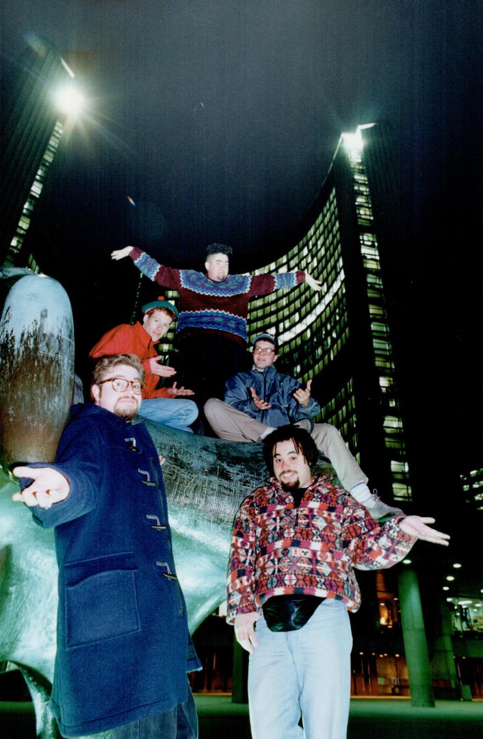 Musicians Steve Page, left, and, clockwise, Jim Creeggan, Ed Robertson, Andy Creeggan and Tyler Stewart can't play city events in Nathan Phillips Square