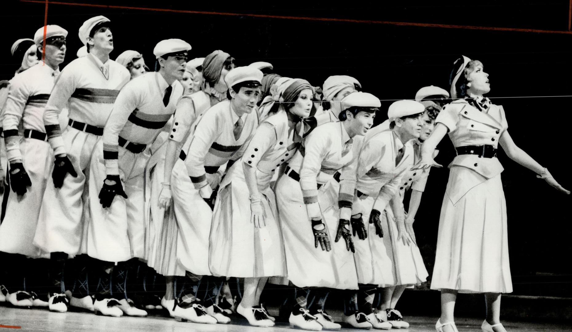 Alexandra Korey (right) plays the comedy lady Velma, with chorus line on hand, in Oh, Kay, at the Royal Alex