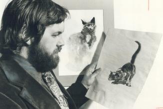 Artist Alan Daniel with two of the delighful cats he created in water colors for the new anthology of poetry In Praise Of Cats. The poems about cats i(...)