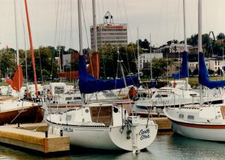 Barrie city marina and sky line new city hall in background