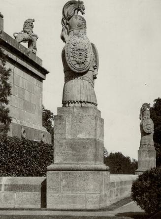 These quaint corner pieces are part of Brock's monument on Queenston Heights, Ont