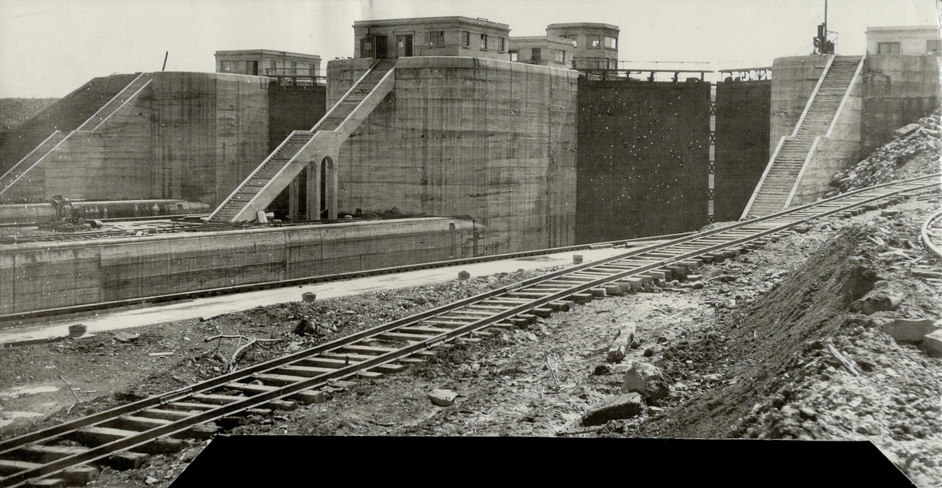 These huge twin lift locks of the new Welland canal indicate the colossal size of Ontario's new shipway