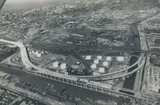 Looking north from lake front shows curve of Yardmer up Don River