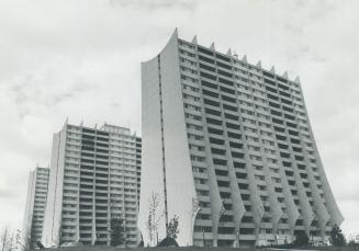 The high-rise is sculptured, These are three of five identical buildings on Jane St