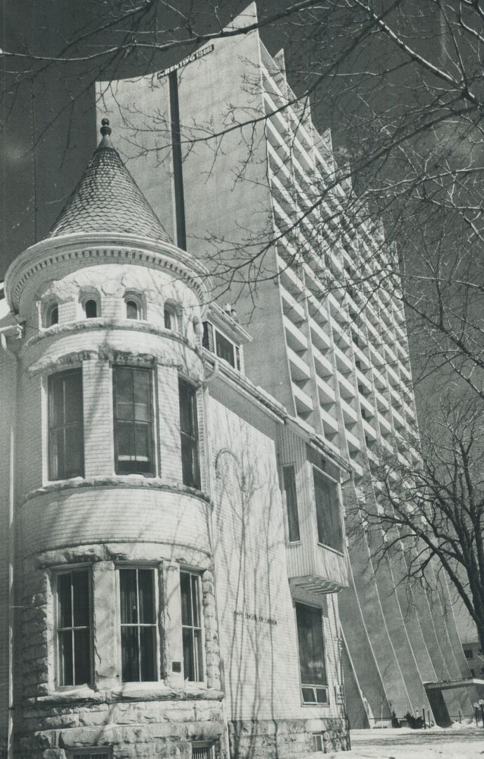 A study in style. Bygone beauty and clean concrete lines complement each other in Bloor-Avenue area of Toronto. Apartment tower and Navy League headquarters are on Prince Arthur Ave