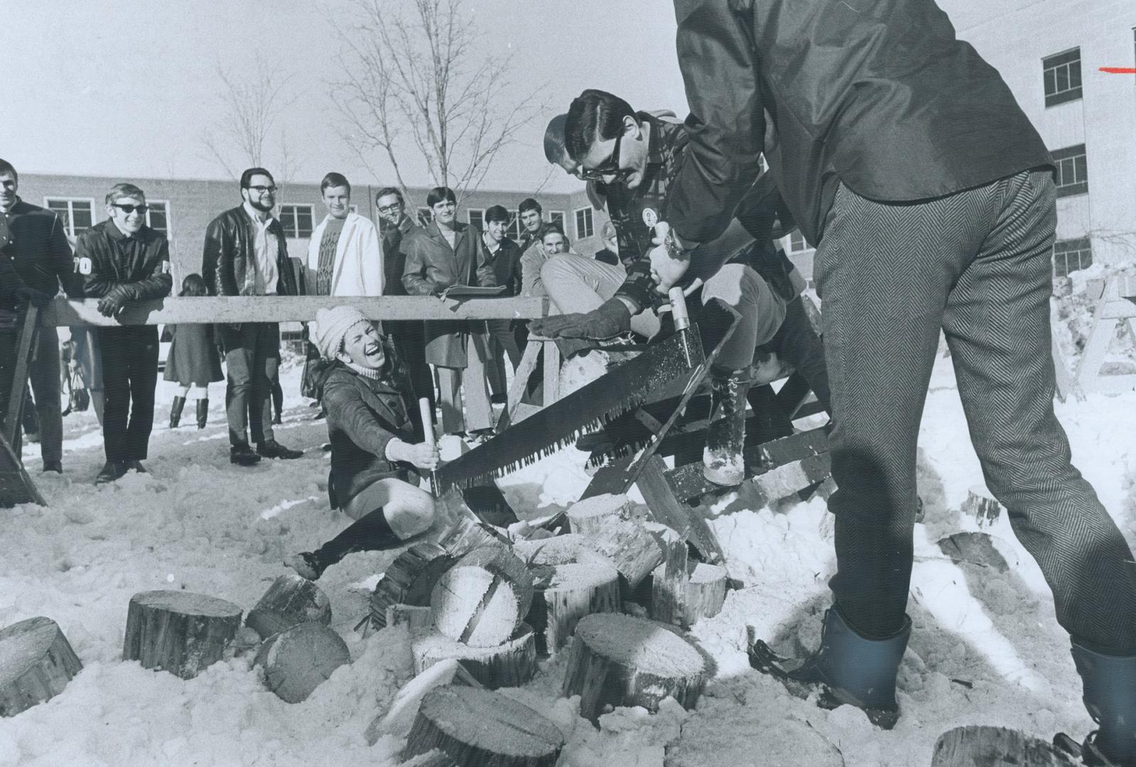 Working hard for fun in yesterday's log-sawing contest at Ryerson Polytechnical Institute's Winter Carnival, Lorraine Tierney, 21, takes a tumble as s(...)