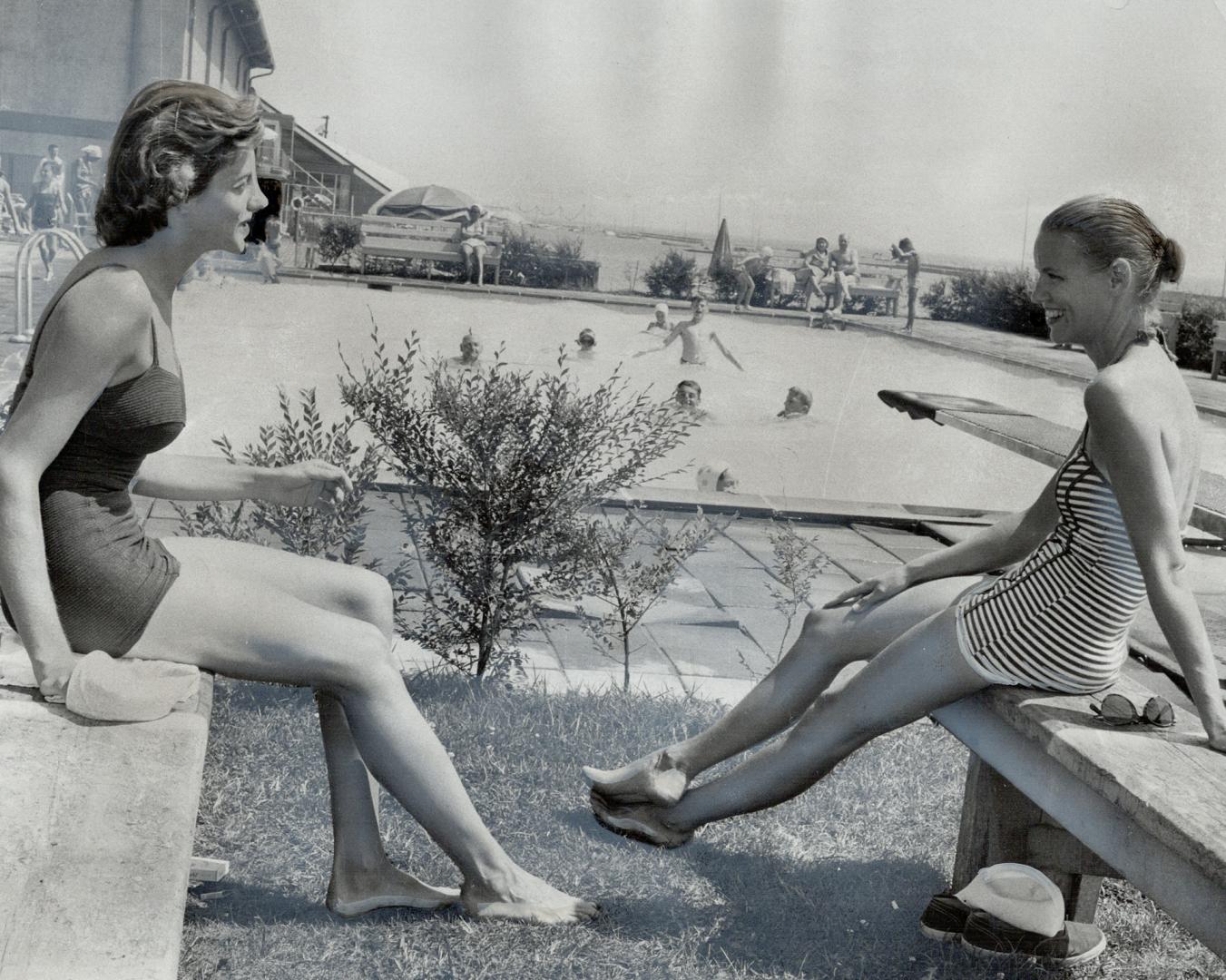 Just before taking the plunge into the year-old into the year-old pool at the Boulevard club are Shirley Foster, left, Shirley Foster, left, and Mrs. (...)